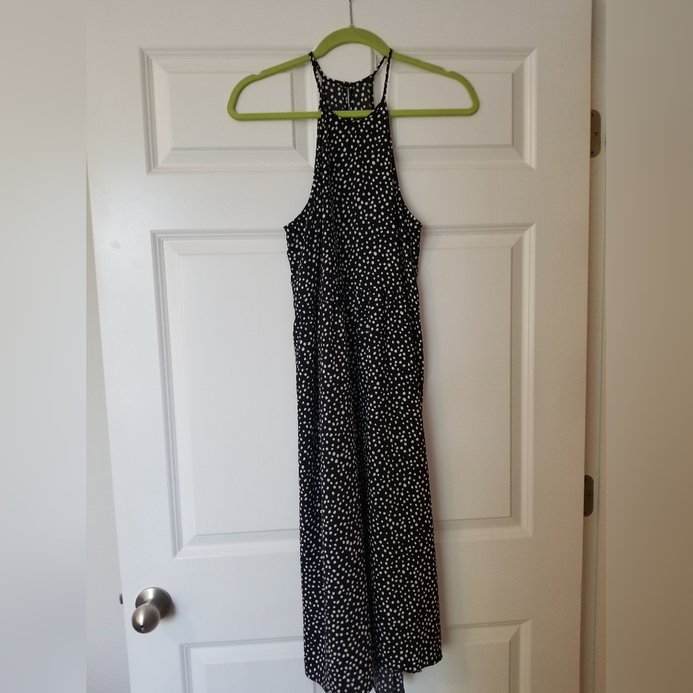 Midi length black with white dots halter dress